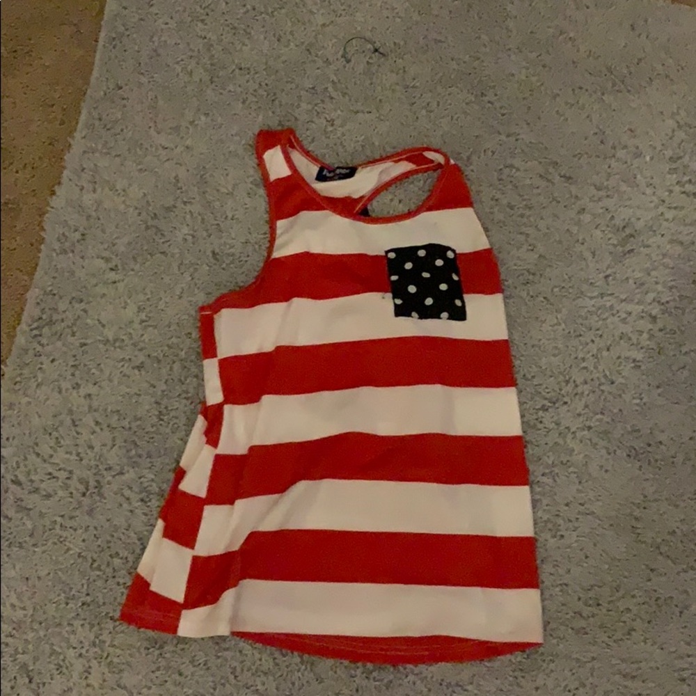 red and white stripe with blue and white dots